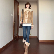 批发韩系小个子甜美上衣2026新款<b class='q'>冬</b>季仿羊羔毛翻领拼接皮毛一体外套女