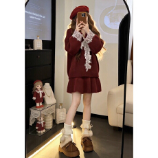 批发过年新年红色<b class='q'>蕾丝</b>针织连衣裙子女秋冬季2026新款小个子巨好看<b class='q'>套装</b>