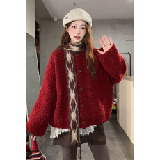 批发新年战袍过年氛围感穿搭红色针织毛衣女款2026新款秋冬季开衫外套