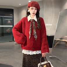批发新年战袍过年氛围感穿搭红色针织毛衣女款2026新款秋冬季开衫外套