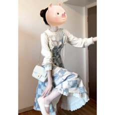 法式学院风复古蓝色格子连衣裙女冬季新款收腰显瘦气质长裙一整套