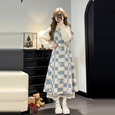 法式学院风复古蓝色格子连衣裙女冬季新款收腰显瘦气质长裙一整套