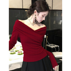 批发气质女士收腰露肩T恤绝美小上衣2026新款红色过年新年穿搭针织衫