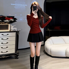 批发气质女士收腰露肩T恤绝美小上衣2026新款红色过年新年穿搭针织衫