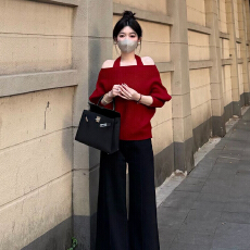 批发新年红色氛围感上衣女装2026秋冬新款设计感两件套挂脖宽松针织衫