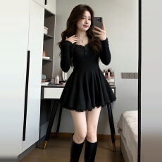 批发法式赫本风黑色针织<b class='q'>连衣裙</b>女秋冬2026新款小个子气质收腰a<b class='q'>字</b>短裙