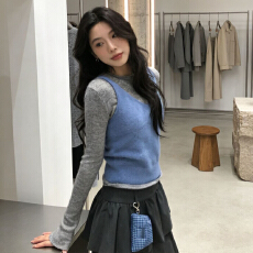 批发韩系chic搭配一整套装女<b class='q'>冬</b>灰色内搭针织衫叠穿蓝色吊带背心两件套