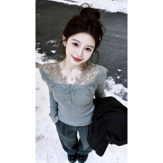 批发蕾丝拼接长袖小众打底衫针织上衣<b class='q'>秋</b>季春季设计感镂空显瘦时尚洋气