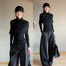 批发休闲套<b class='q'>装</b>黑色气质立领斗篷披肩叠穿针织衫女冬季百搭阔腿<b class='q'>裤</b><b class='q'>两件套</b>