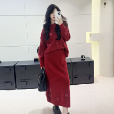 批发新年战袍红色针织毛衣<b class='q'>连衣裙</b>子女2026秋<b class='q'>冬季</b>新款韩系穿搭套装长裙