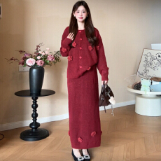 批发新年战袍红色针织毛衣<b class='q'>连衣裙</b>子女2026秋<b class='q'>冬季</b>新款韩系穿搭套装长裙