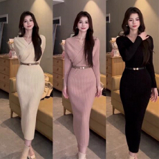 批发2026新款御姐风气质v领针织连衣裙子女秋冬季辣妹包臀裙内搭长裙