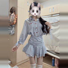 批发春季穿搭蓝色长袖<b class='q'>条纹</b>衬衫连衣裙子女2026新款高级感收腰百褶短裙