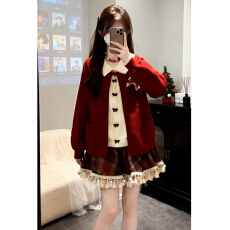 批发新年过年穿搭娃娃领假两件女冬毛衣<b class='q'>针织</b>开衫格纹裙学院风两件<b class='q'>套装</b>