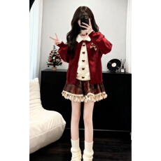 批发新年过年穿搭娃娃领假两件女冬毛衣<b class='q'>针织</b>开衫格纹裙学院风两件<b class='q'>套装</b>