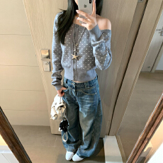 批发miu系波点针织开衫女早秋穿搭灰色斜肩长袖修身显瘦短款韩系上衣