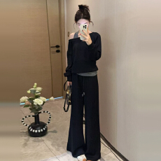 批发巨好看的黑色长袖<b class='q'>卫衣</b><b class='q'>连衣裙</b>子女2025年新款早秋韩系穿搭一整套装