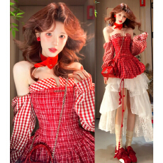 批发红色辣妹条纹格子一字肩长袖T恤女春季2026新款收腰显瘦抹胸上衣