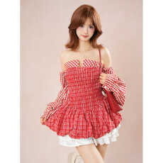 批发红色辣妹条纹格子一字肩长袖T恤女春季2026新款收腰显瘦抹胸上衣