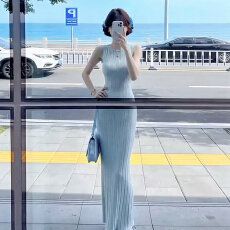 批发法式蓝色无袖<b class='q'>连衣裙</b>子<b class='q'>女</b>装夏季2025新款爆款绝美漂亮气质包臀长<b class='q'>裙</b>