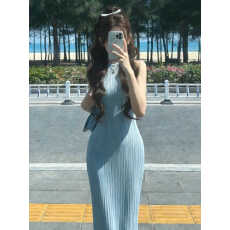 批发法式蓝色无袖<b class='q'>连衣裙</b>子<b class='q'>女</b>装夏季2025新款爆款绝美漂亮气质包臀长<b class='q'>裙</b>