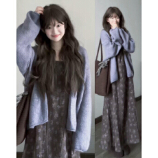 批发茶歇法式吊带碎花连衣裙子女2026新款巨好看秋冬穿搭一整套装长裙