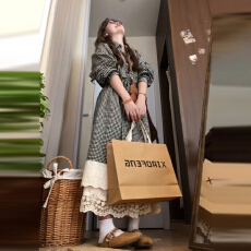 批发复古文艺格纹长袖小个子温柔气质收腰a字长裙子7234