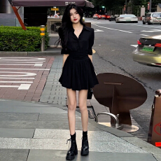 批发韩系黑色长袖<b class='q'>连衣裙</b>女装2025早秋新款爆款高级感收腰显瘦气质短裙