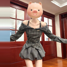 批发韩系<b class='q'>学院风</b>一字肩格纹长袖连衣裙女早春2026新款miu系穿搭一整套