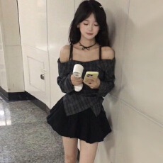 批发韩系<b class='q'>学院风</b>一字肩格纹长袖连衣裙女早春2026新款miu系穿搭一整套