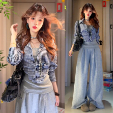 批发韩系假两件叠穿拼接格纹衬衫女秋冬2026年新款巨好看穿搭一整套装