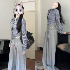 批发韩系假两件叠穿拼接格纹衬衫女秋冬2026年新款巨好看穿搭一整套装