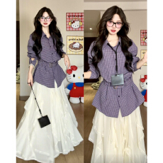 批发法式长袖紫色格子衬衫女装早春季2026新款韩系高级感衬衣<b class='q'>外套</b><b class='q'>上衣</b>