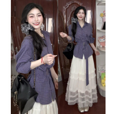 批发法式长袖紫色格子衬衫女装早春季2026新款韩系高级感衬衣<b class='q'>外套</b><b class='q'>上衣</b>