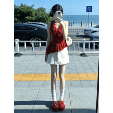 批发2026新款泰式绝美红色挂脖吊带背心女<b class='q'>夏</b>季辣妹修身荷叶边无袖上衣