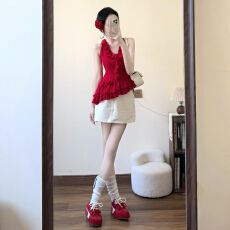 批发2026新款泰式绝美红色挂脖吊带背心女<b class='q'>夏</b>季辣妹修身荷叶边无袖上衣