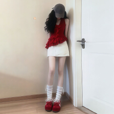 批发2026新款泰式绝美红色挂脖吊带背心女<b class='q'>夏</b>季辣妹修身荷叶边无袖上衣