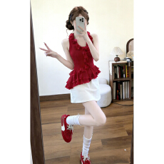 批发2026新款泰式绝美红色挂脖吊带背心女<b class='q'>夏</b>季辣妹修身荷叶边无袖上衣