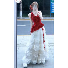 批发2026新款泰式绝美红色挂脖吊带背心女夏季辣妹修身荷叶边<b class='q'>无袖</b><b class='q'>上衣</b>