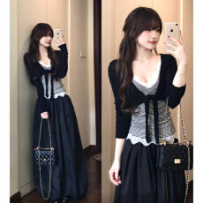 批发早春韩系穿搭一整套<b class='q'>黑色</b>开衫吊带连衣裙子女2026新款半身套装<b class='q'>长裙</b>