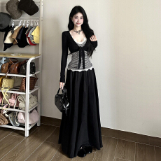 批发黑色v领蕾丝拼接<b class='q'>连衣裙</b>子女<b class='q'>春秋</b>2026新款早春漂亮韩系穿搭一整套