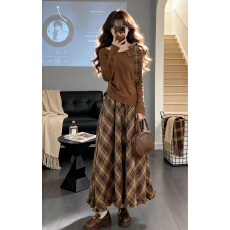 批发韩系巨好看穿搭一整套早春2026新款蓝色长袖连衣裙女格纹长裙<b class='q'>套装</b>