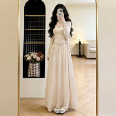 批发韩系高级感ootd穿搭一整套早春2026<b class='q'>新款</b>杏色连衣裙女<b class='q'>长裙</b>三件套装