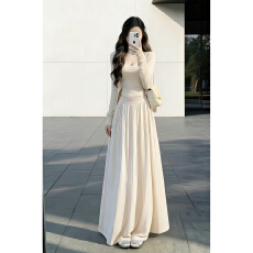 批发韩系高级感ootd穿搭一整套早春2026<b class='q'>新款</b>杏色连衣裙女<b class='q'>长裙</b>三件套装