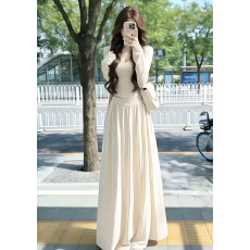 批发韩系高级感ootd穿搭一整套早春2026<b class='q'>新款</b>杏色连衣裙女<b class='q'>长裙</b>三件套装