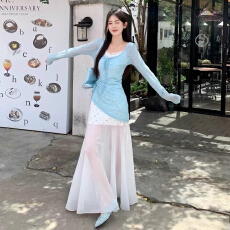 批发早春穿搭2026新款蓝色罩衫吊带碎花<b class='q'>连衣裙</b>子女夏季巨好看长裙套装