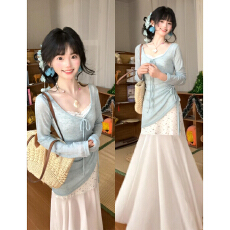 批发早春穿搭2026新款蓝色罩衫吊带碎花<b class='q'>连衣裙</b>子女夏季巨好看长裙套装