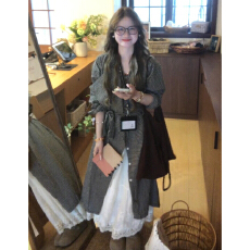 批发<b class='q'>复古</b>格子花边拼接长袖衬衫女早春chic绑带上衣高腰蛋糕<b class='q'>长裙</b>两件套