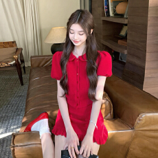批发过新年战袍红色polo衬衫连衣裙女秋<b class='q'>冬</b>2026新款小个子穿搭一整套装