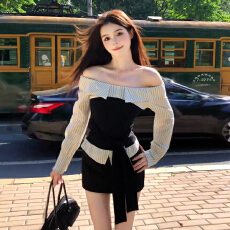 批发2025<b class='q'>新款</b>韩系学院风一字肩条纹套装连衣裙子女早秋季包臀短裙套装